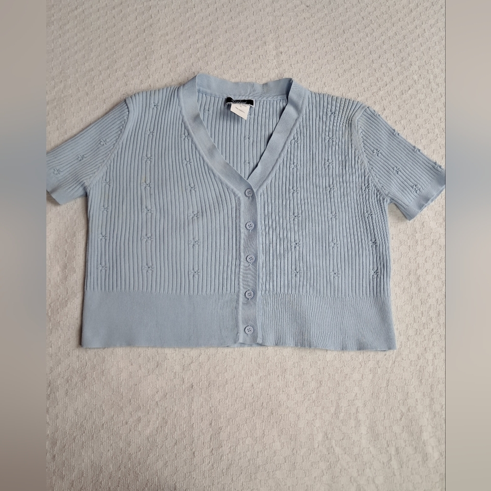 Womens XL sky blue short sleeved cropped cardigan